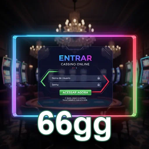 Tela de login do cassino online 66gg com slots ao fundo.