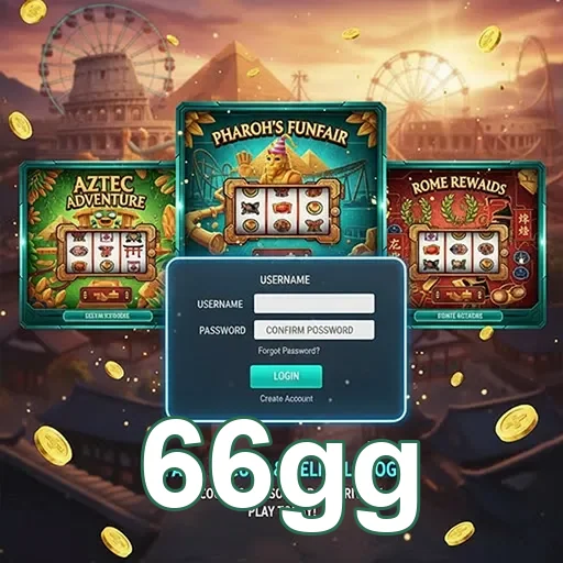 Tela do aplicativo 66gg com slots e opções de login.