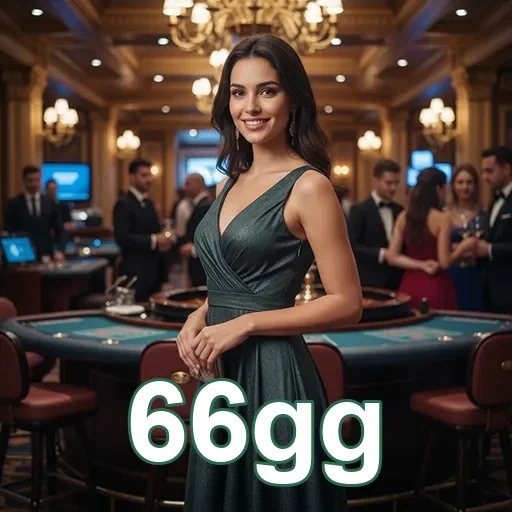 Jogadora elegante em cassino decorado, destacando 66gg.
